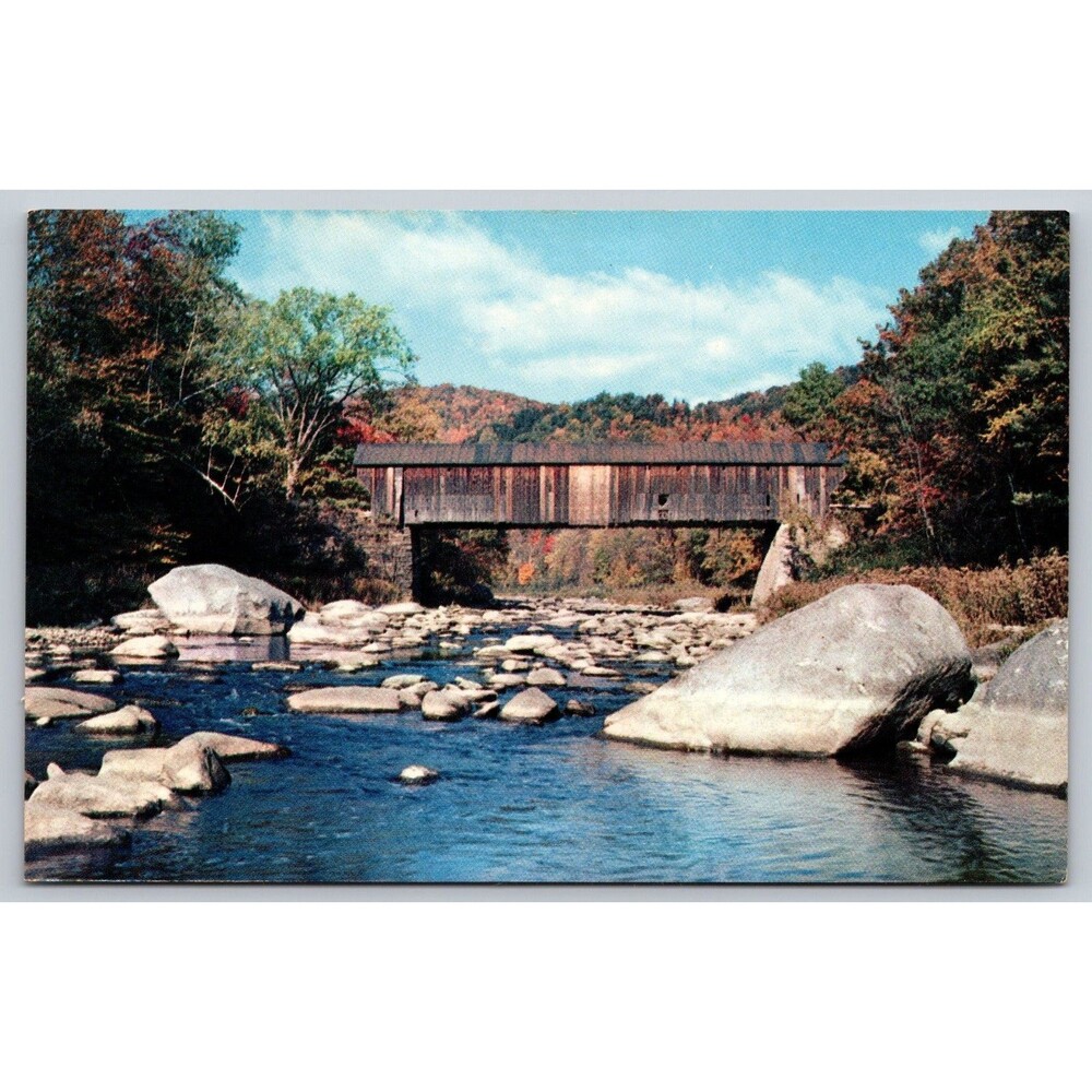 Postcard Vermont Perkinsville Covered Bridge Crosses Black River Autumn c1950s